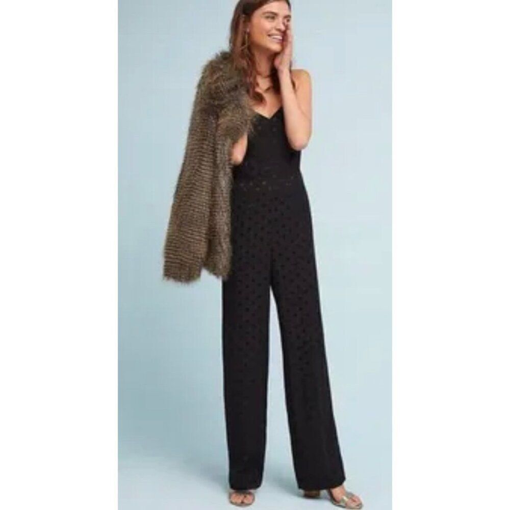Anthropologie The Essential Women Black Polka Dot Wide Leg Jumpsuit Size 12